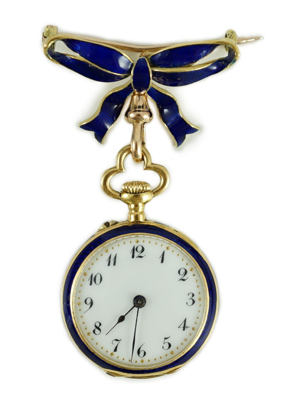 An early 20th century continental gold, diamond chip and blue enamel set open faced fob watch, on a gold and blue enamel set suspension bow brooch
